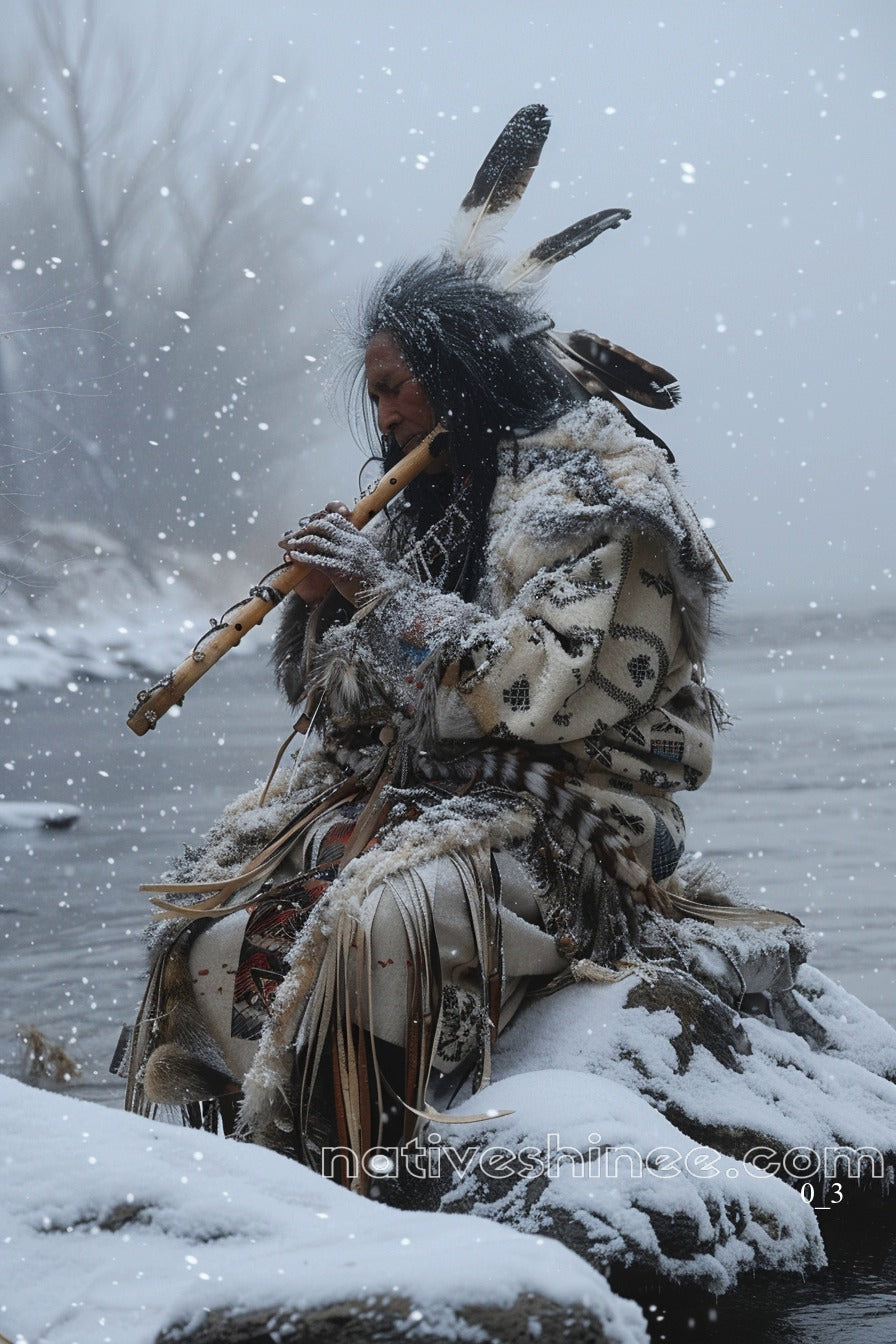 Flute Player in Winter Snow Native American Canvas