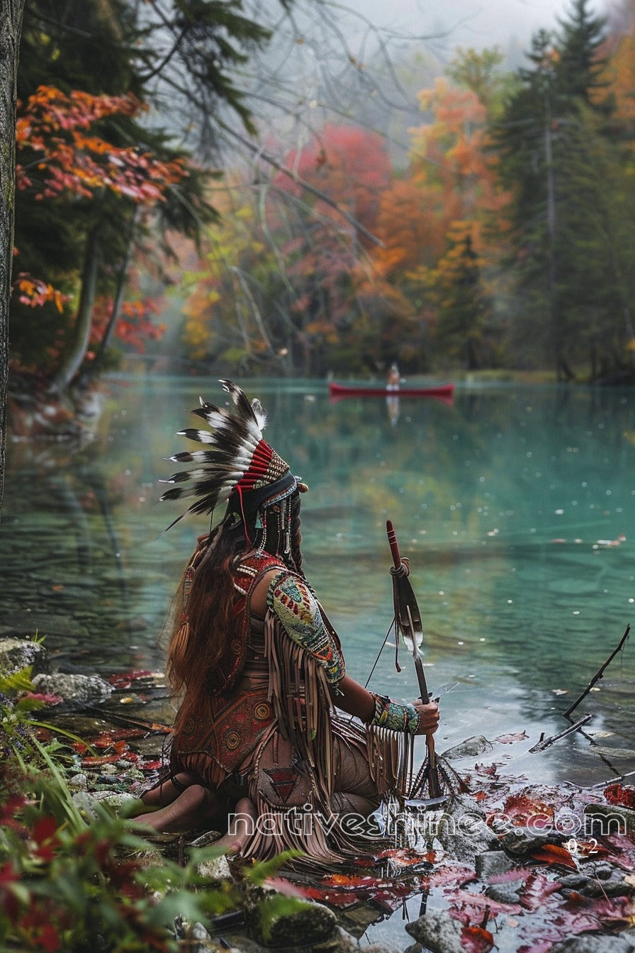 Woman by Autumn Lake Native American Canvas