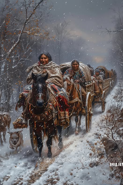 Journey Through Winter's Veil: A Native American Canvas