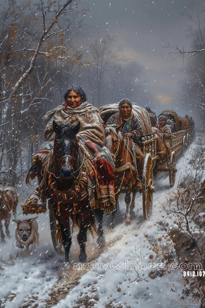 Journey Through Winter's Veil: A Native American Canvas