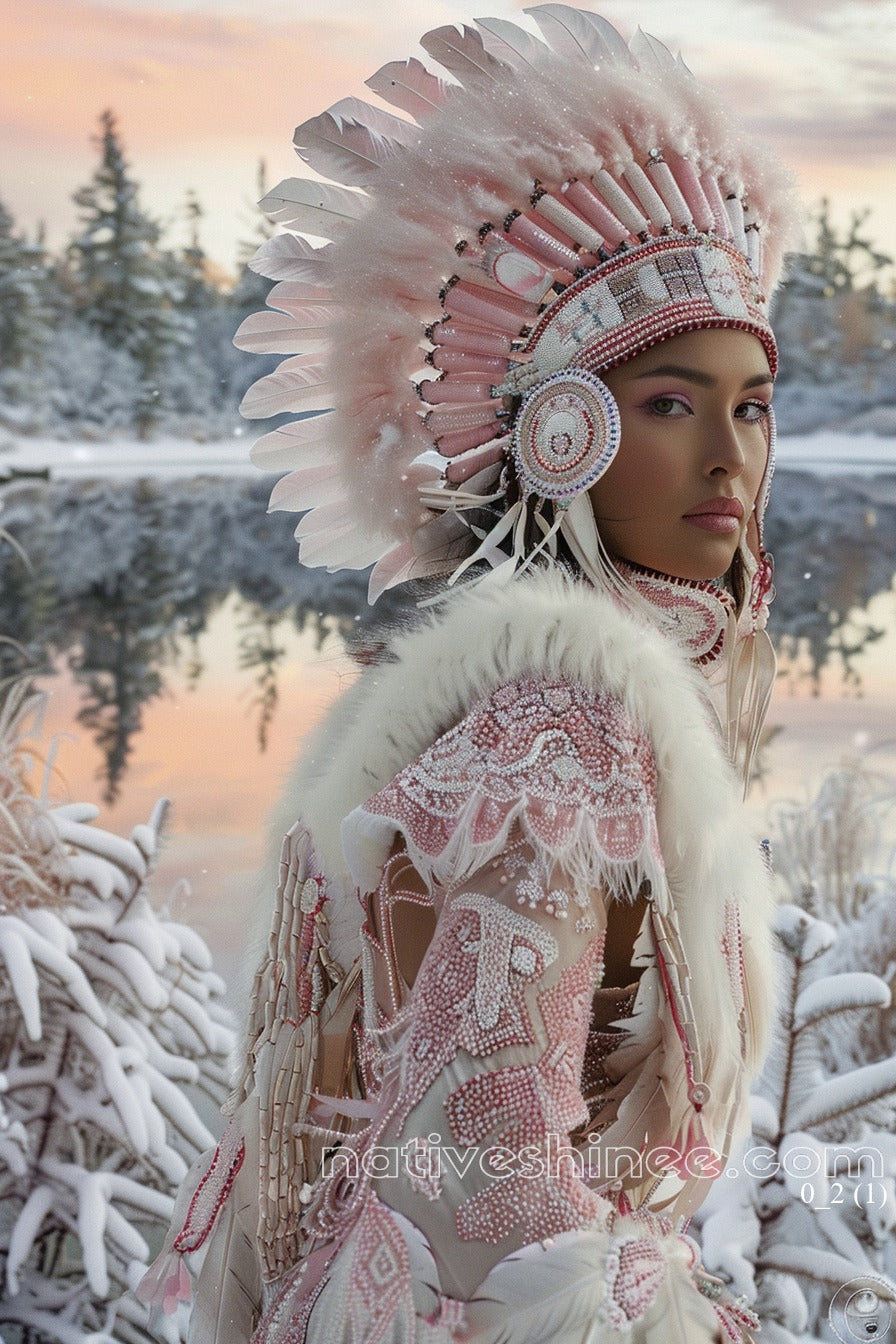 Woman in Pink Headdress Native American Canvas