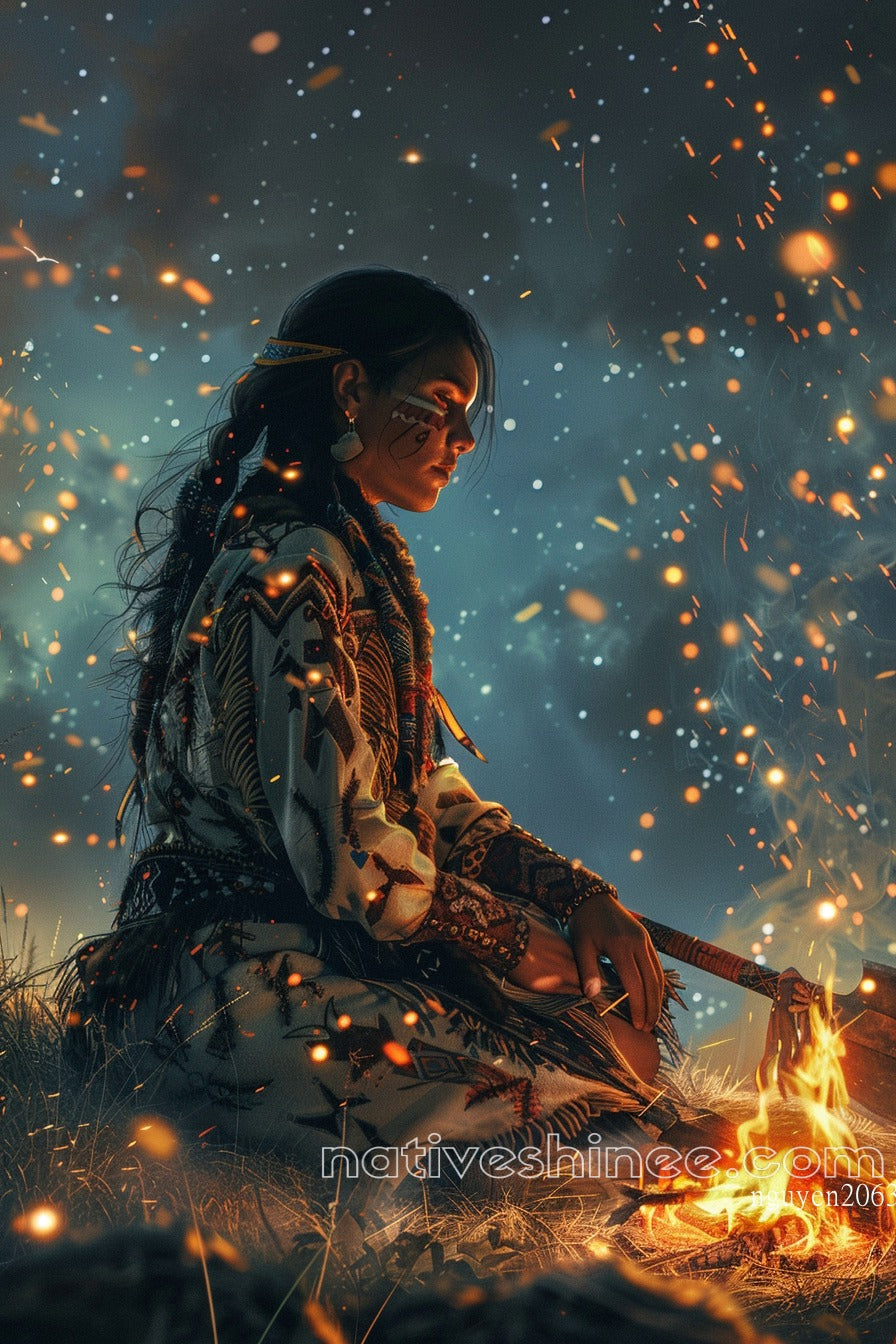 Native Woman by the Fire Native American Canvas