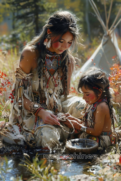 Mother and Child Beading Together Native American Canvas