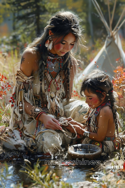Mother and Child Beading Together Native American Canvas