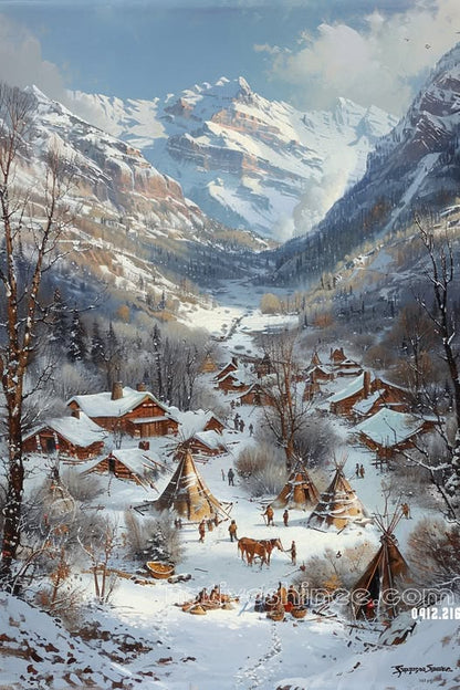 Winter Village Native American Canvas