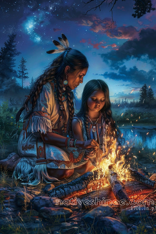 Mother and Child by the Fire Native American Canvas