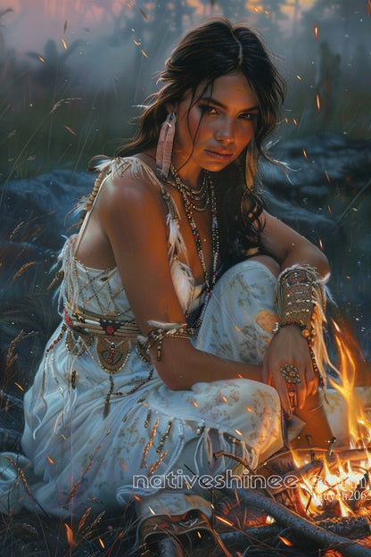 Native Woman by the Fire Native American Canvas