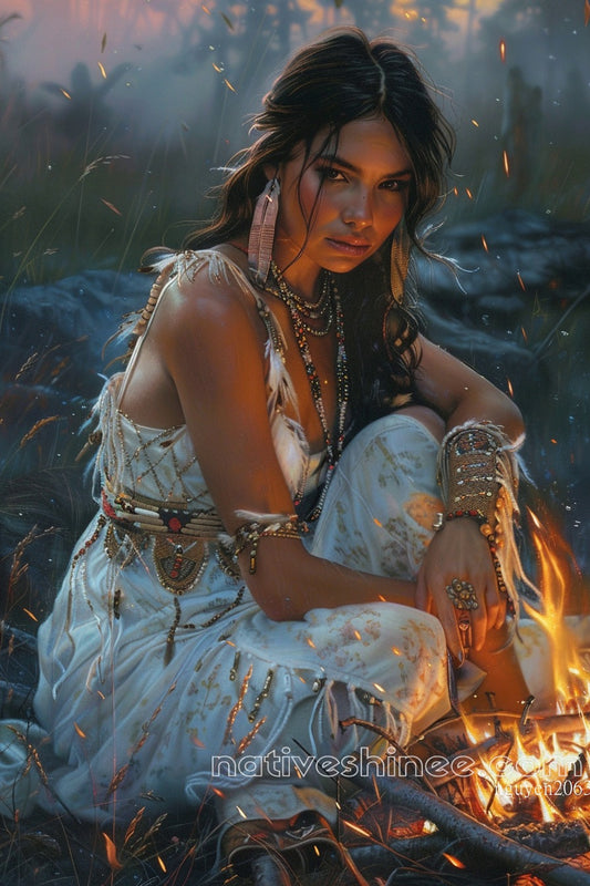 Native Woman by the Fire Native American Canvas