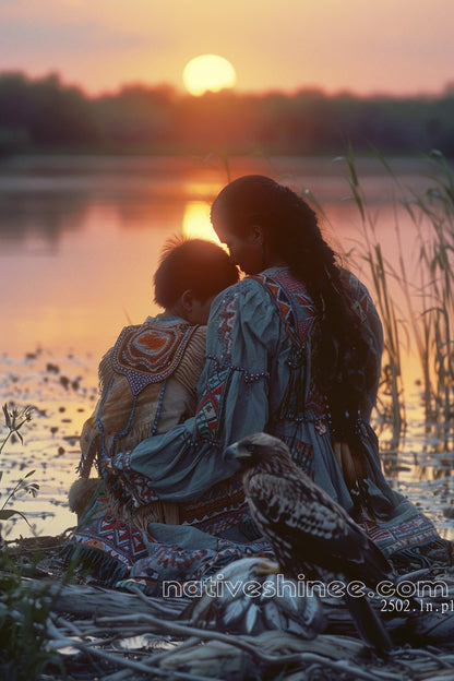 A Mother's Embrace at Sunset Native American Canvas