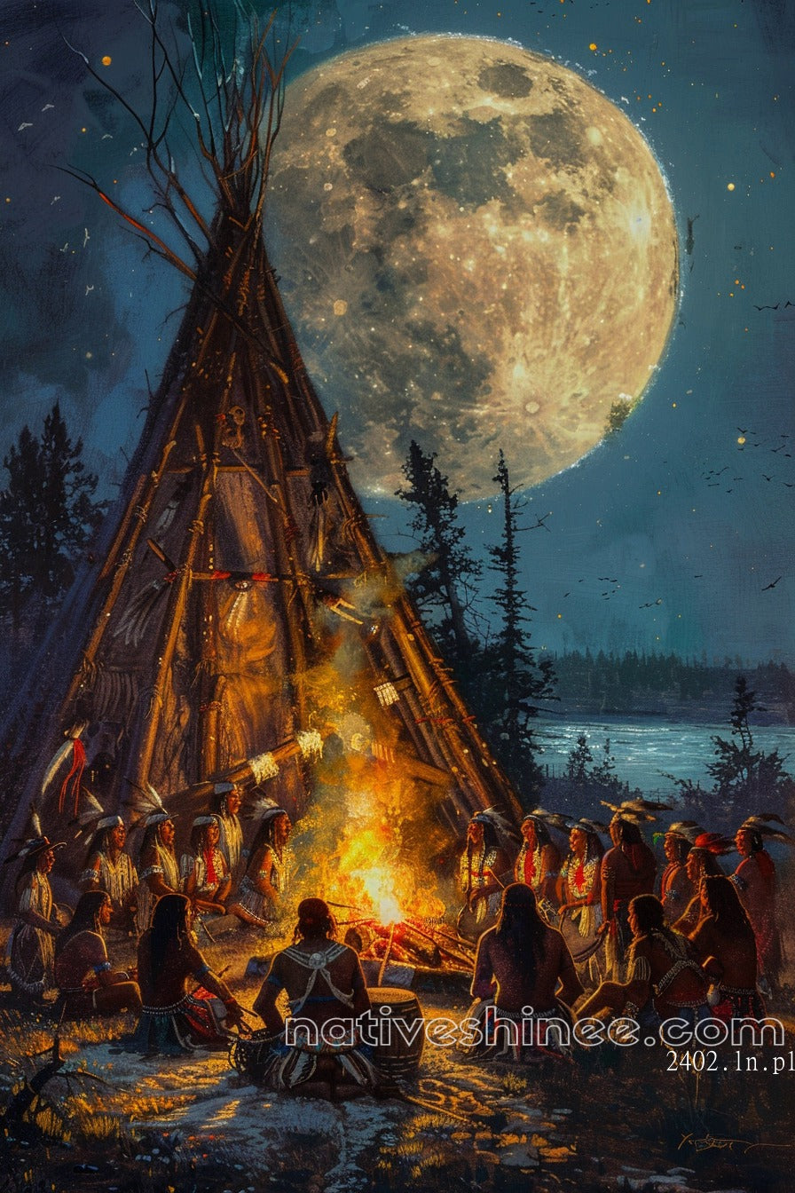 The Council of Elders Under the Moon Native American Canvas