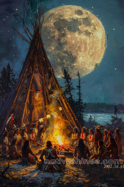 The Council of Elders Under the Moon Native American Canvas