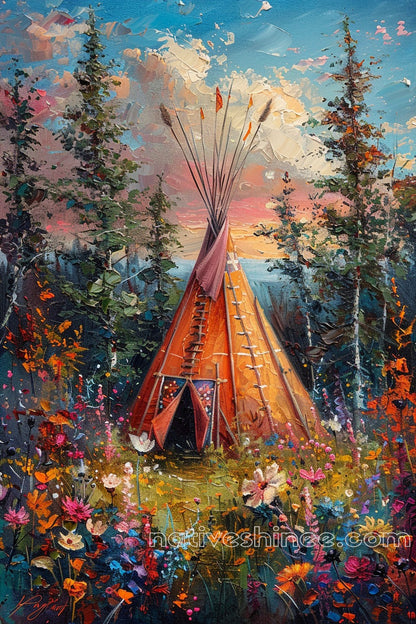 Sunset Over the Teepee Native American Canvas