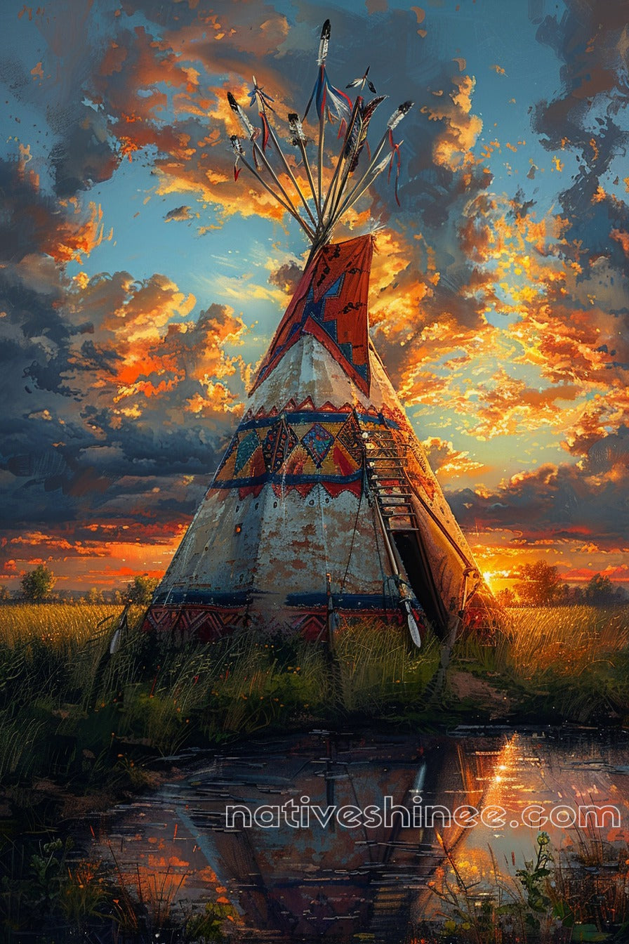 Sunset Over the Prairie Lodge Native American Canvas
