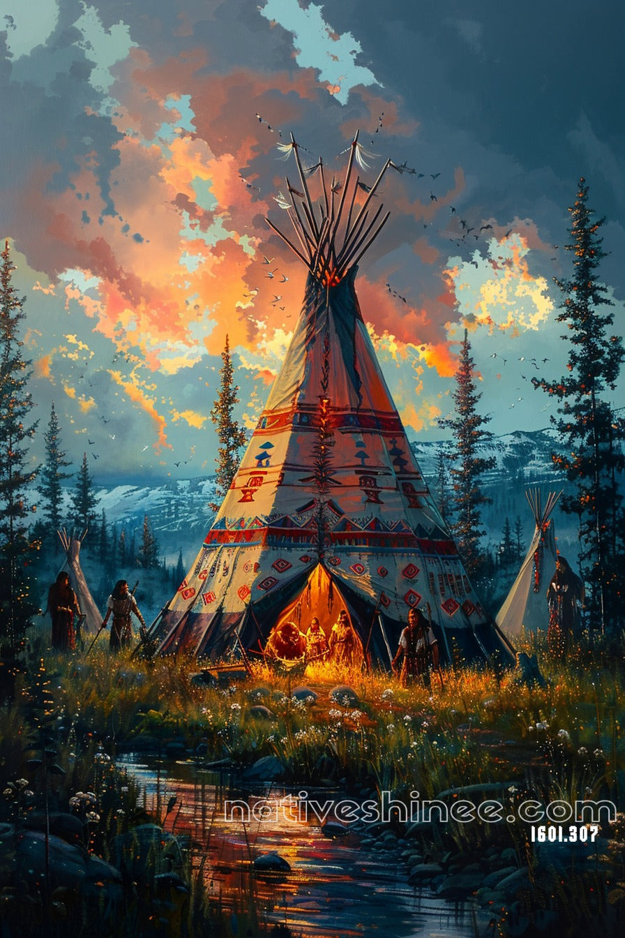 Whispers of the Fire: A Sacred Evening Native American Canvas