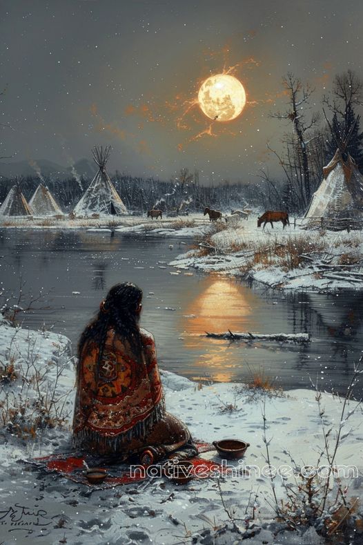 Reflection Under the Winter Moon Native American Canvas VA