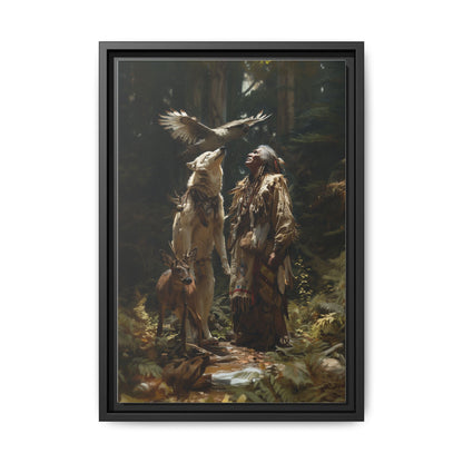 Framed Canvas Art – Native American Hunter with Wolves Forest Scene