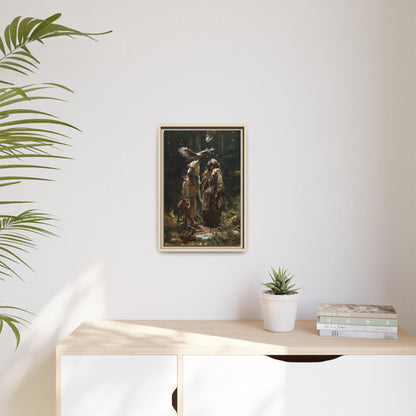 Framed Canvas Art – Native American Hunter with Wolves Forest Scene