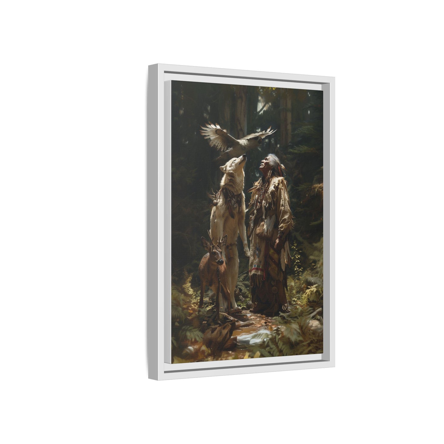 Framed Canvas Art – Native American Hunter with Wolves Forest Scene