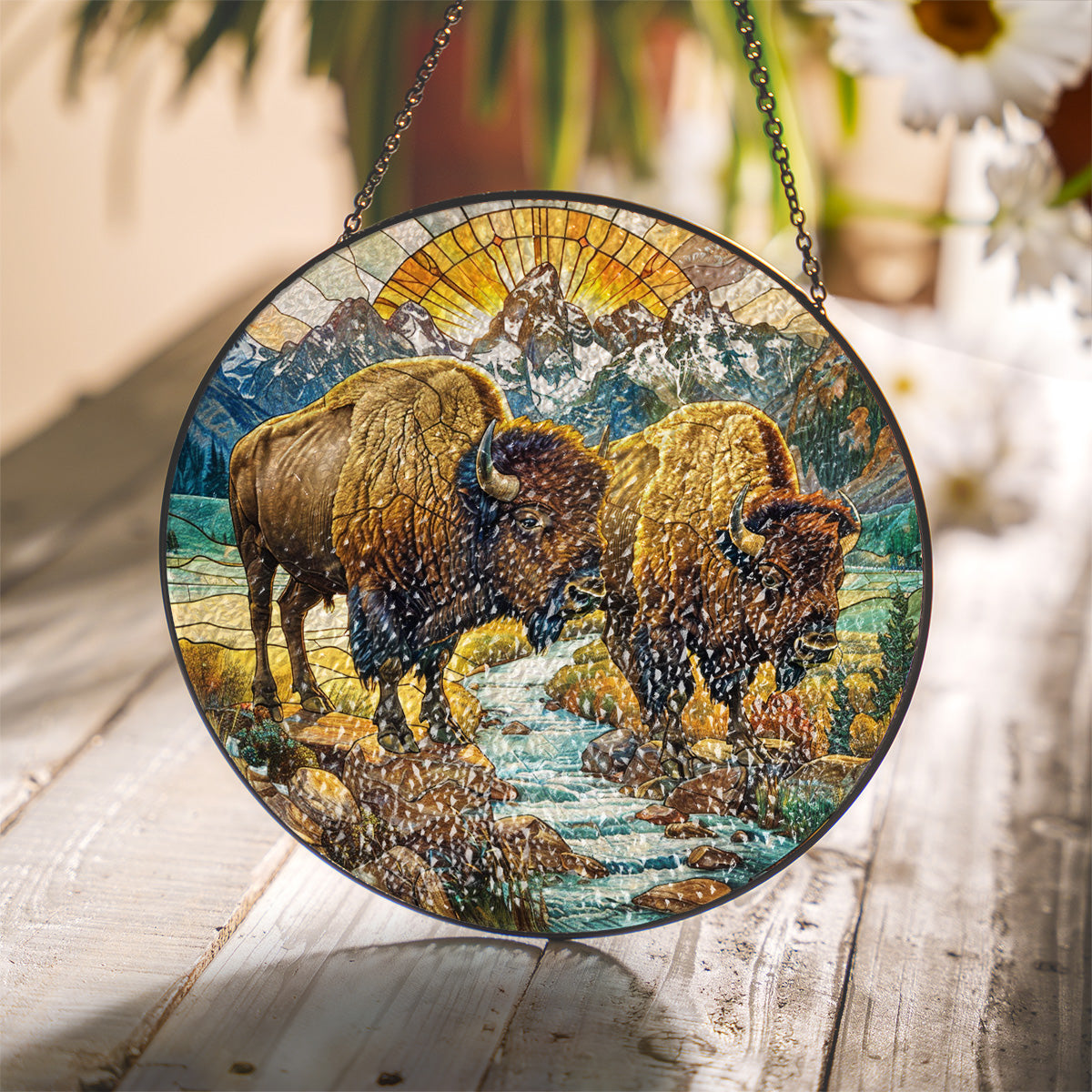 Native Bison Stained Glass Suncatcher for Window Hanging