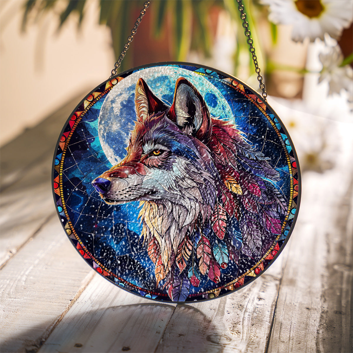 Native Wolf Stained Glass Suncatcher for Window Hanging