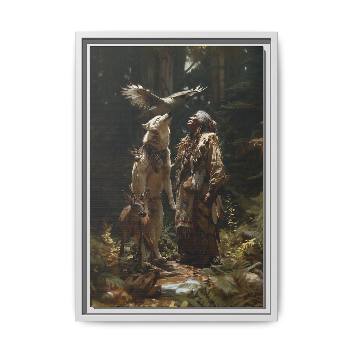 Framed Canvas Art – Native American Hunter with Wolves Forest Scene
