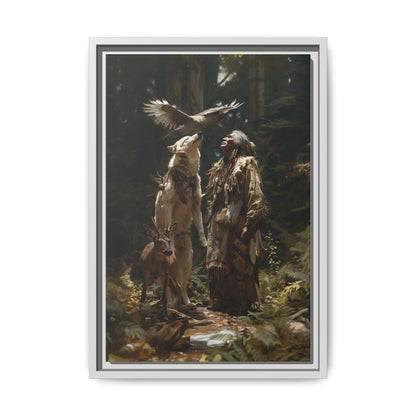 Framed Canvas Art – Native American Hunter with Wolves Forest Scene