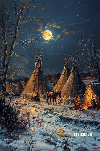 Winter Moon Over the Lodge Circle Canvas