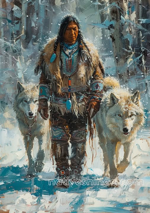 Snowbound Guardian with Two Wolves Canvas