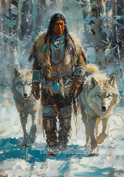 Snowbound Guardian with Two Wolves Canvas
