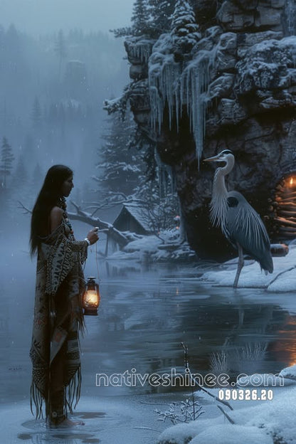 Lantern Beside the Winter Heron Canvas