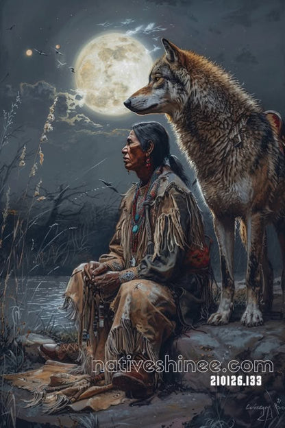 Moonlit Vigil Beside the Wolf Canvas