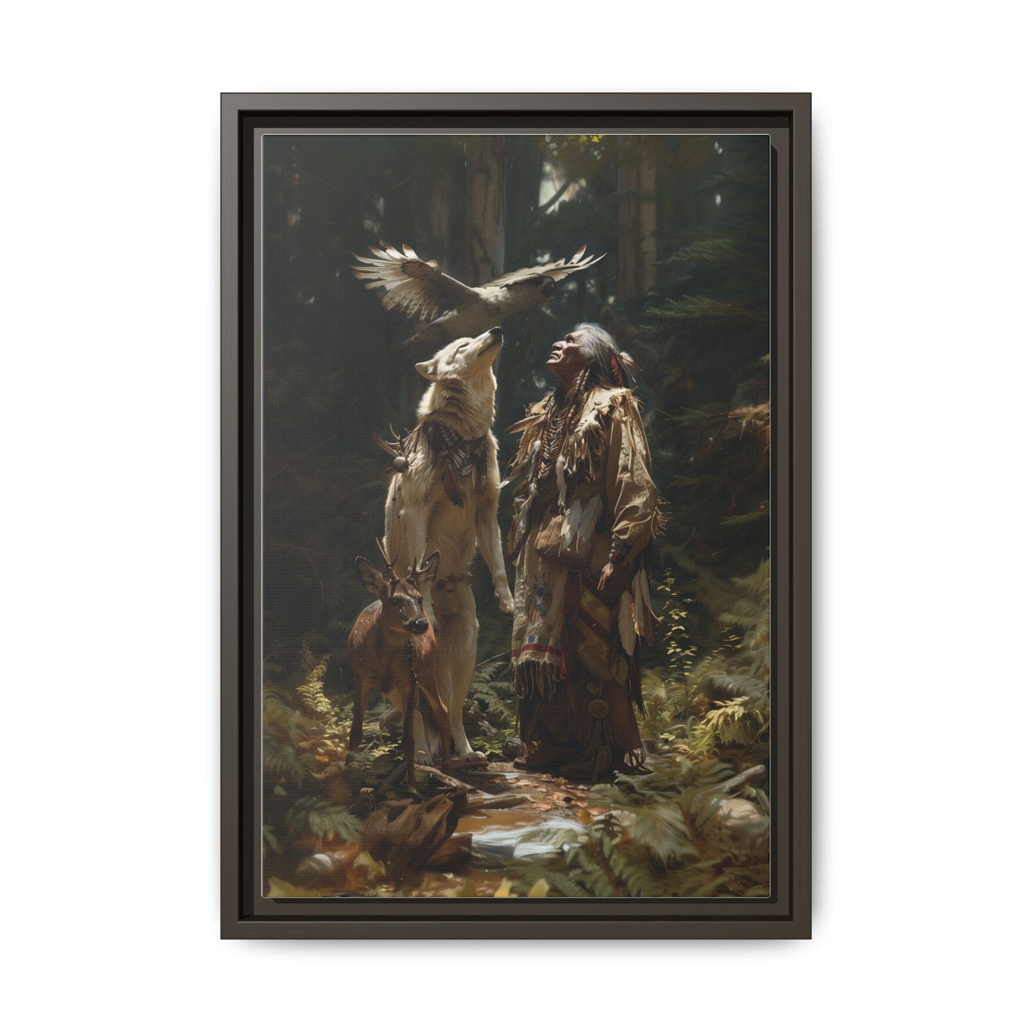 Framed Canvas Art – Native American Hunter with Wolves Forest Scene