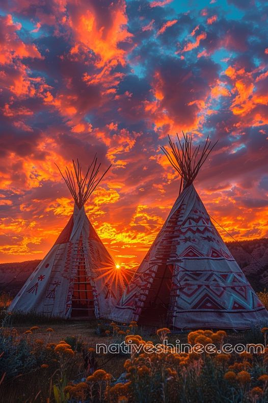 Sunset Over the Tipis Native American Canvas