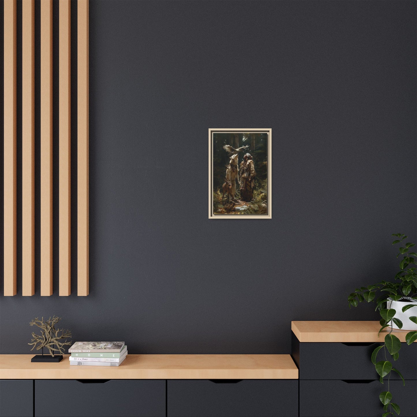 Framed Canvas Art – Native American Hunter with Wolves Forest Scene