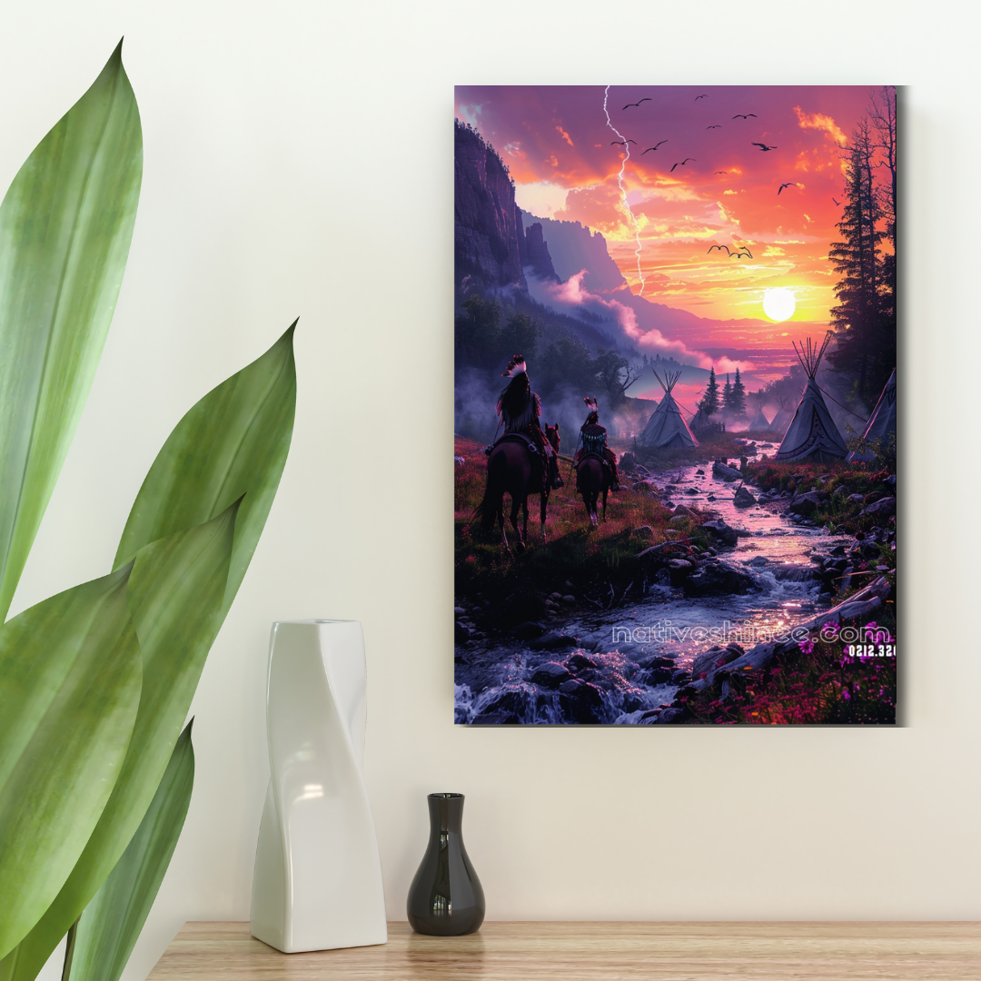 Spirit Riders Pointillism Twilight of the Spirit Riders Native American Canvas – NativeShinee