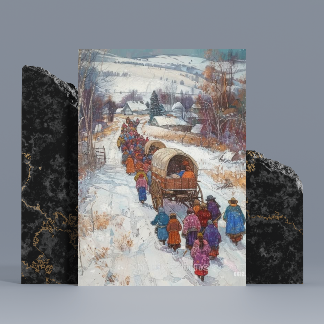 Journey Through Winter’s Veil: A Native American Canvas