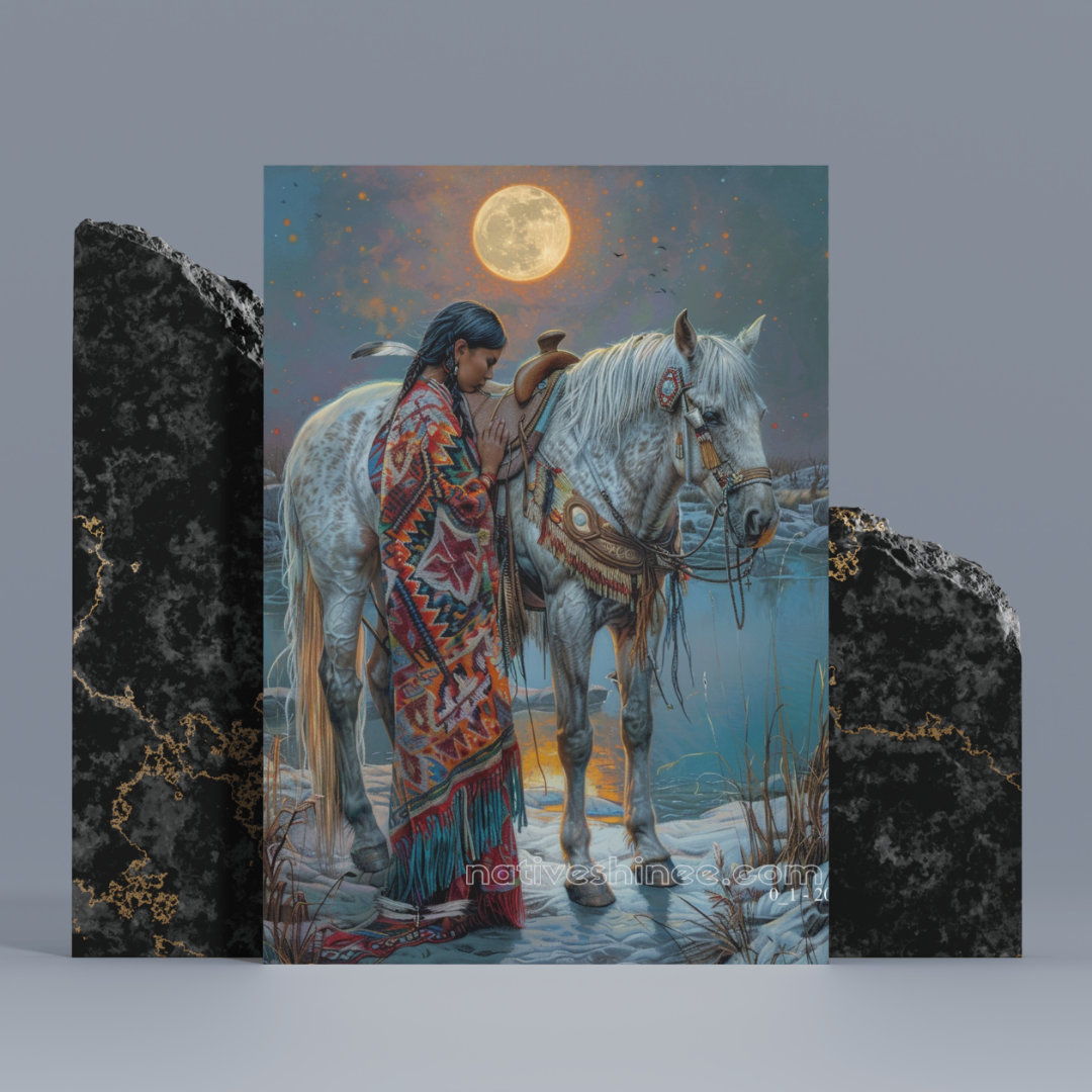 Moonlit Harmony: Native Woman and Horse Canvas