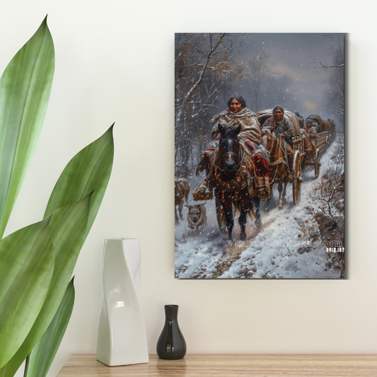 Journey Through Winter's Veil: A Native American Canvas