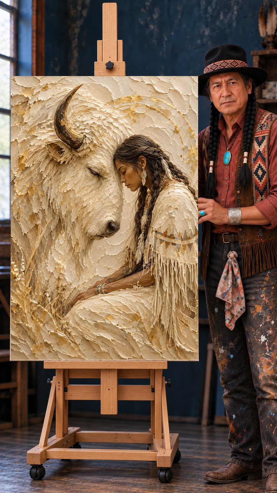 Native American woman with braids gently touching foreheads with a white bison, textured cream and gold artwork. – ảnh 2
