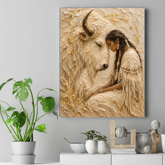 Native American woman with braids gently touching foreheads with a white bison, textured cream and gold artwork.