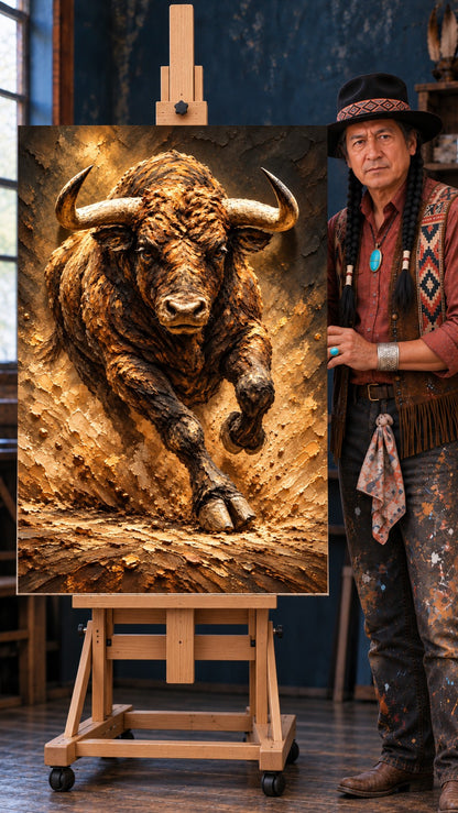 A bison charging forward with one front hoof raised, painted in thick textured strokes of warm brown and gold.