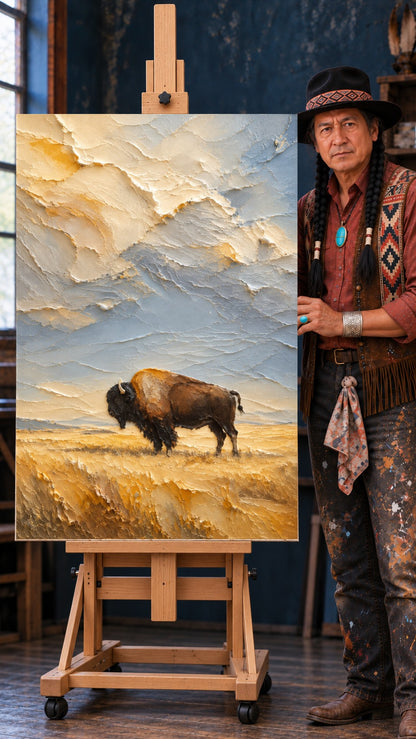 Textured painting of a lone dark bison standing in a golden prairie beneath a thick cream and blue palette-knife sky.