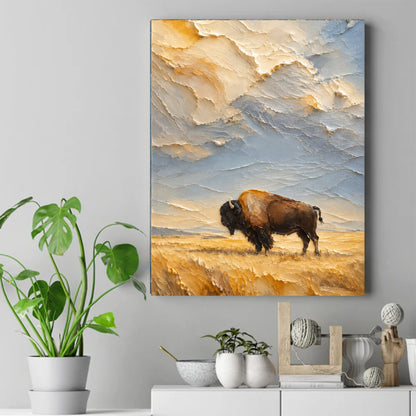 Textured painting of a lone dark bison standing in a golden prairie beneath a thick cream and blue palette-knife sky. – ảnh 2