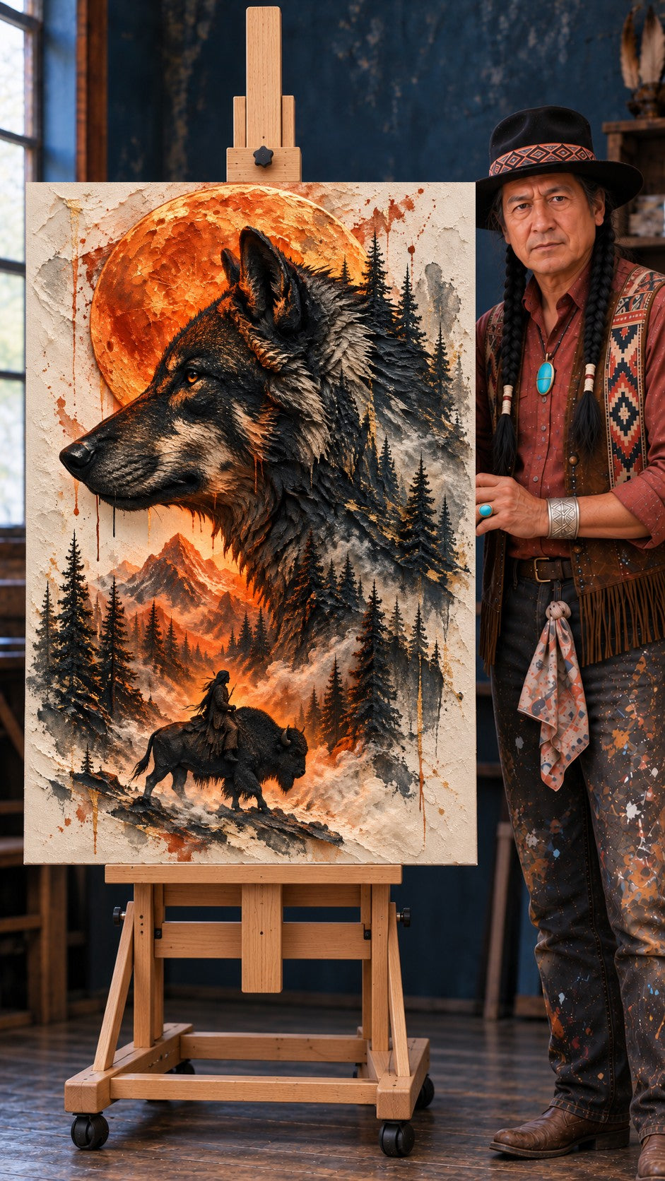 Black wolf in profile against a large orange moon, with a bison rider, pine trees, and mountains in watercolor
