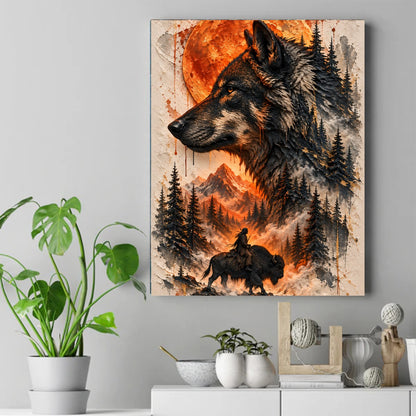 Black wolf in profile against a large orange moon, with a bison rider, pine trees, and mountains in watercolor – ảnh 2
