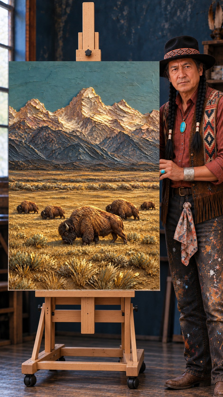 Textured impasto painting of bison grazing on golden prairie grass with snow-capped mountains behind them