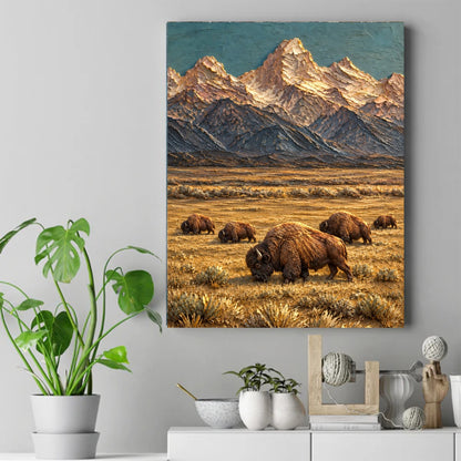 Textured impasto painting of bison grazing on golden prairie grass with snow-capped mountains behind them – ảnh 2