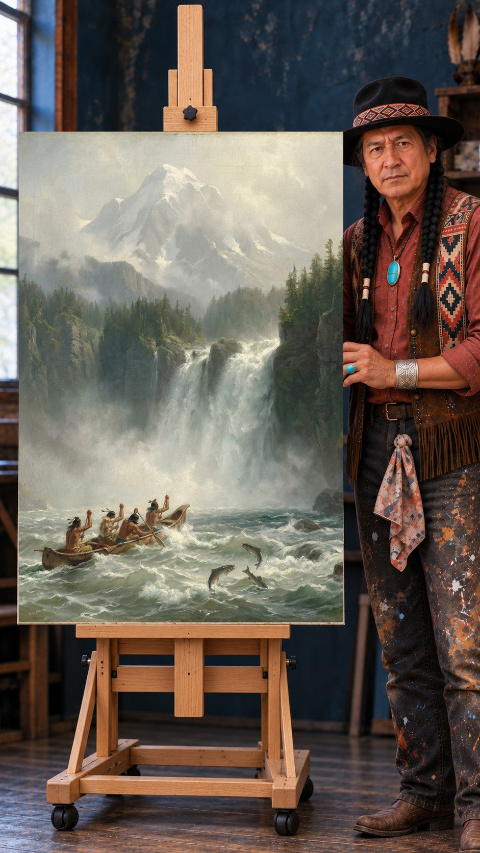 Native American men in a canoe on rough water, salmon leaping, large waterfall and snow-capped mountain behind.