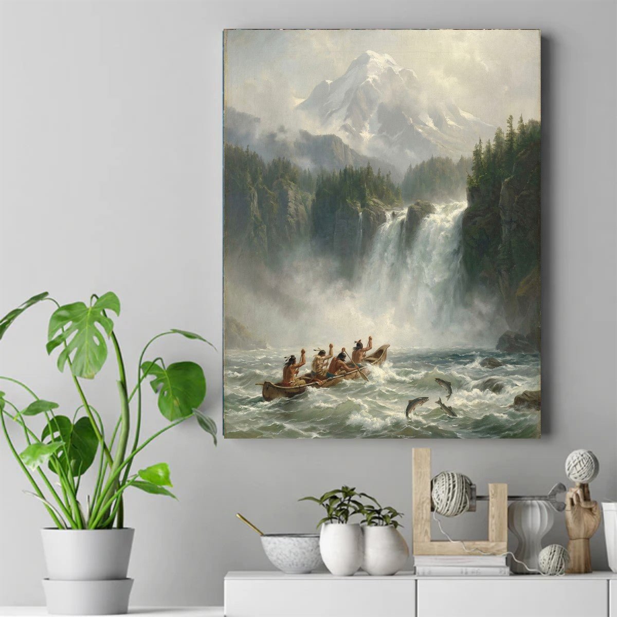 Native American men in a canoe on rough water, salmon leaping, large waterfall and snow-capped mountain behind. – ảnh 2