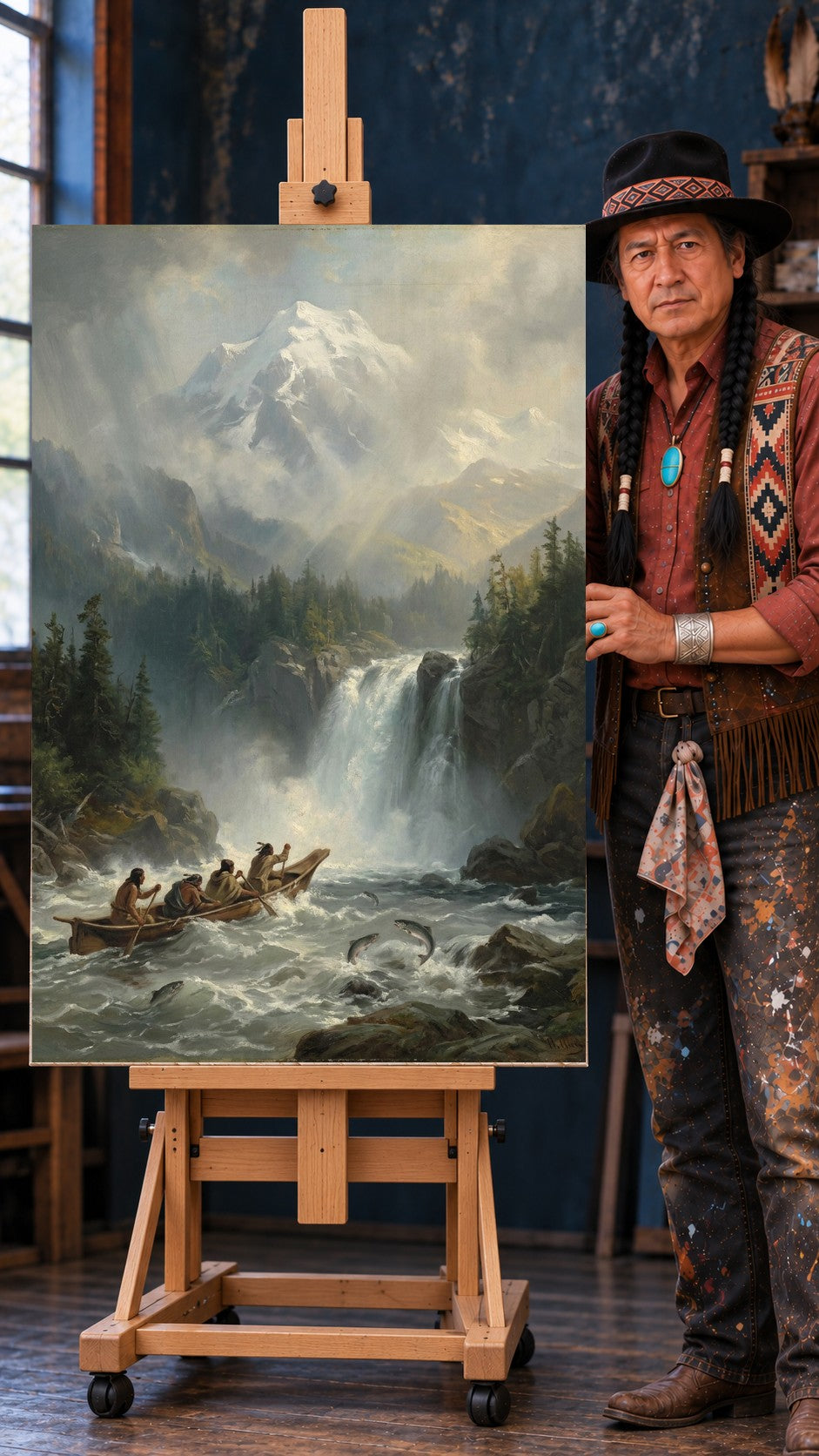 Painting of Native figures paddling a canoe through rapids near a waterfall, with leaping salmon and a snowy mountain above.